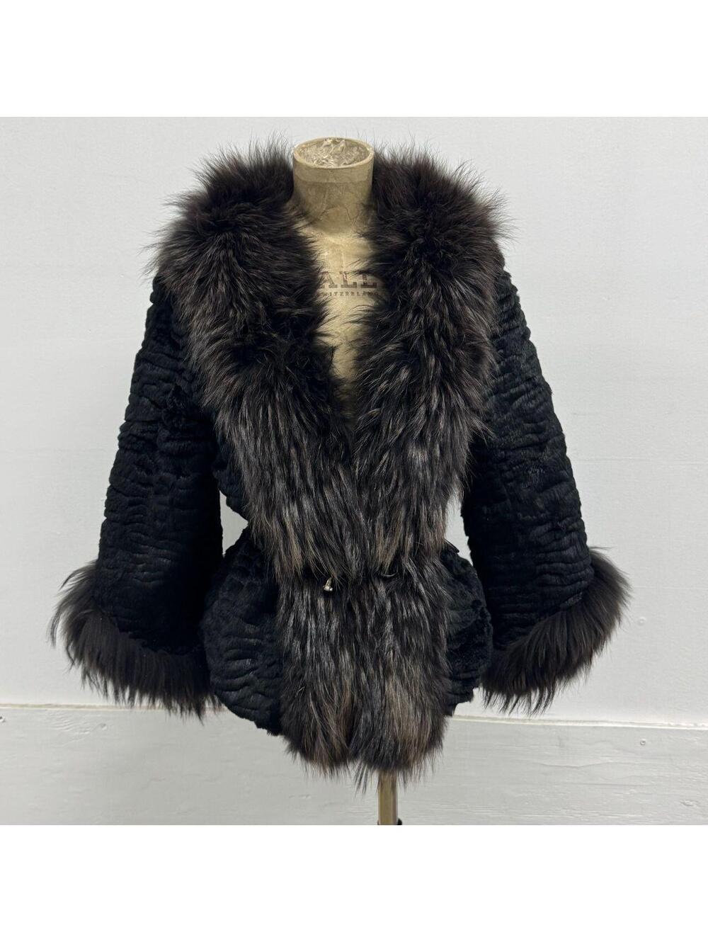 Vintage Jet Black Grooved Rabbit & Fox Fur Mid-Length Coat